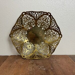 Vintage Brass Filigree Bowl Dish Ornate Floral Design Decorative Gold‎ Tone